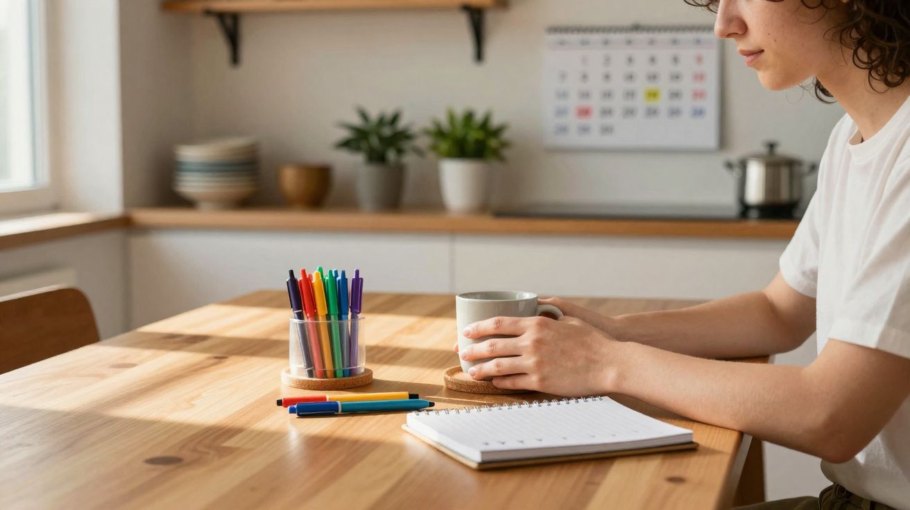 Pessoa segurando caneca branca em mesa de madeira com caderno e canetas coloridas, em ambiente claro e organizado.