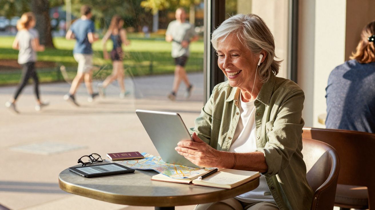 Mulher sorridente usando fones, segurando tablet em café com mapa, caderno e óculos sobre a mesa.