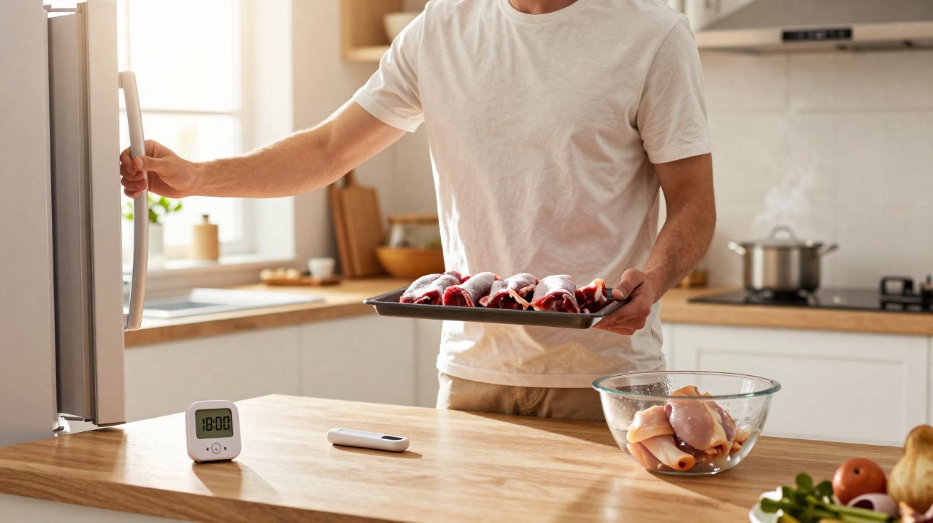 Homem segurando forma com alimento cru perto da geladeira em cozinha moderna com timer digital.