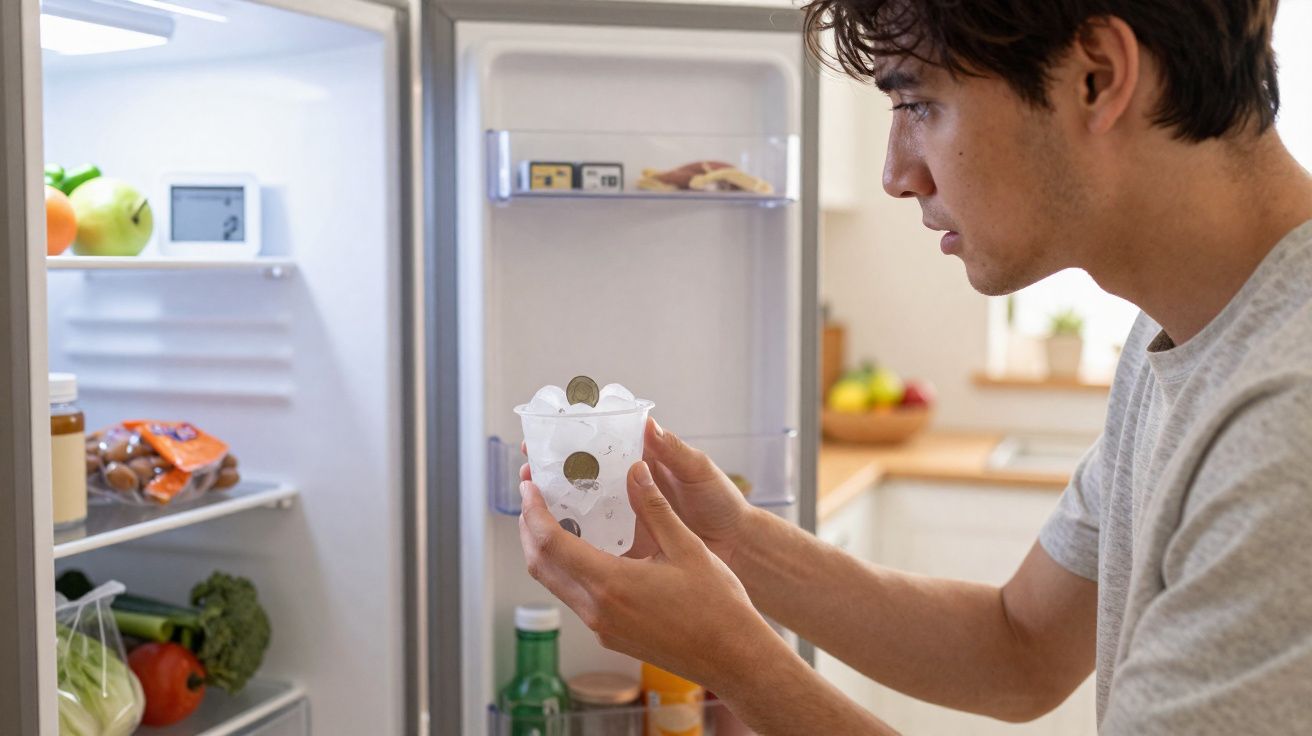Homem segurando copo transparente com moedas perto da geladeira aberta.