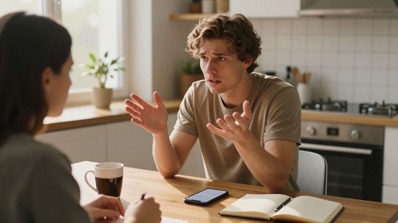 Jovem com expressão preocupada gesticulando durante conversa séria com mulher em cozinha moderna.