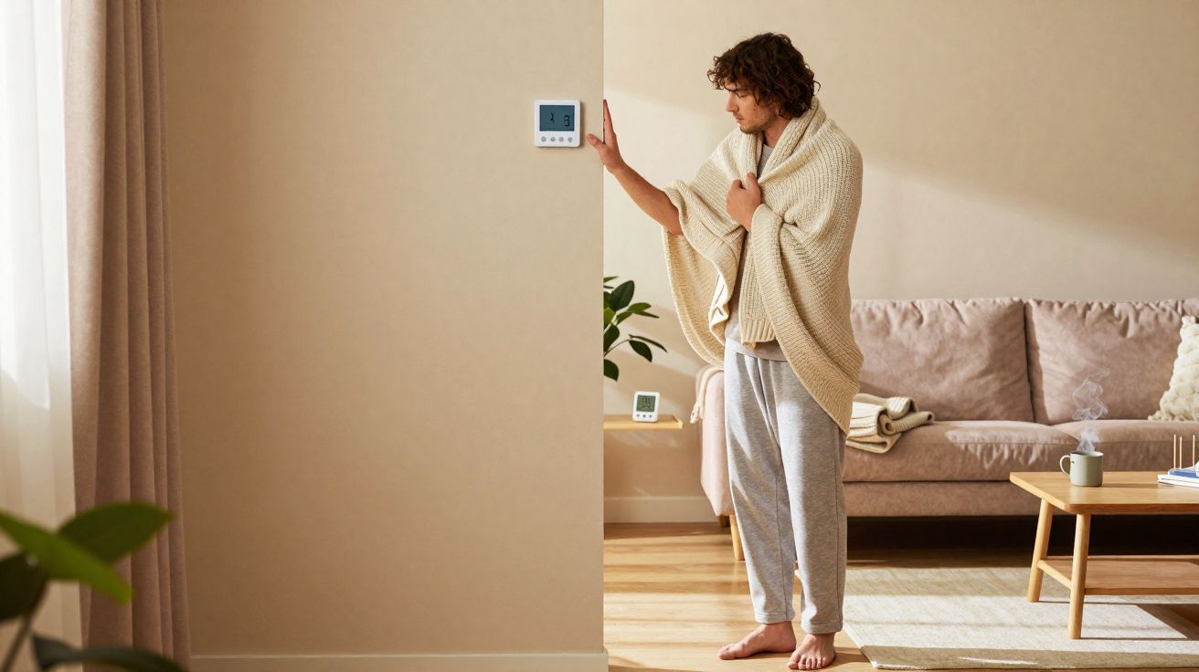Homem com cobertor ajustando termostato em sala de estar iluminada e decorada com sofá e mesa de centro.