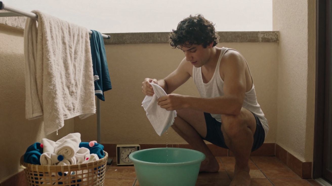 Homem agachado espremendo toalha molhada sobre balde verde em varanda com cesta de roupas.