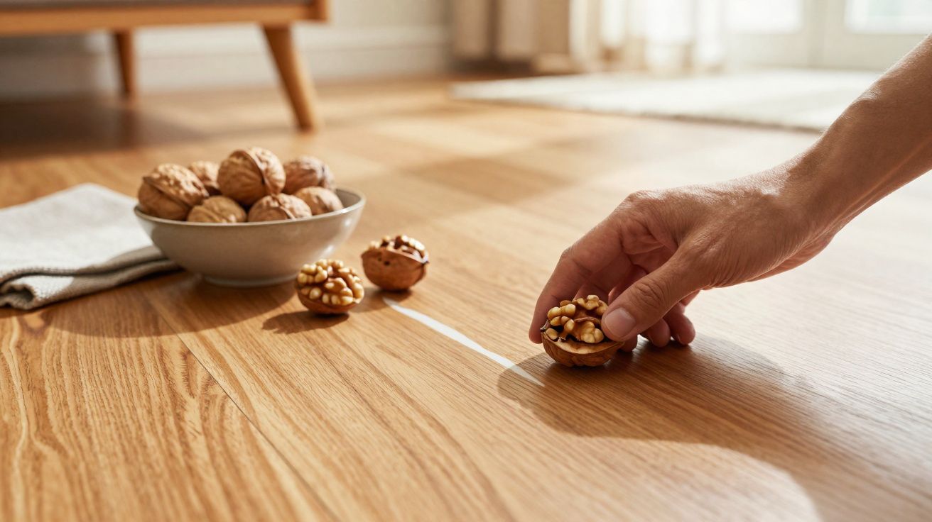 Mão segurando noz quebrada sobre piso de madeira claro, com tigela cheia de nozes ao fundo.