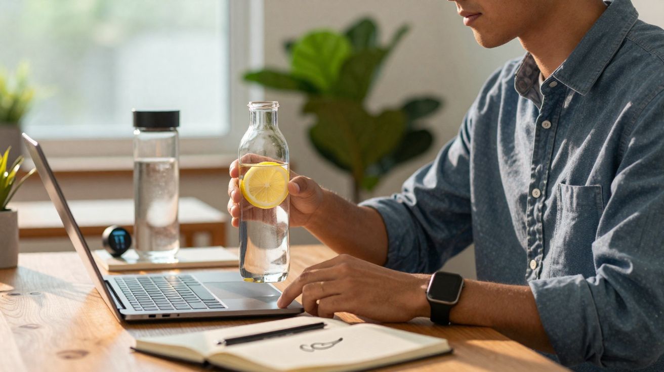 Homem sentado à mesa segurando garrafa com fatias de limão e usando laptop em ambiente iluminado.