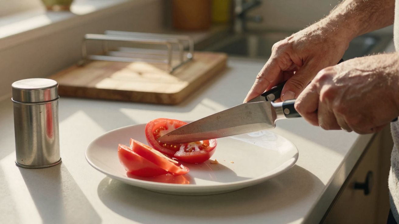 Mãos cortando tomate em fatias sobre prato branco em cozinha com luz natural.