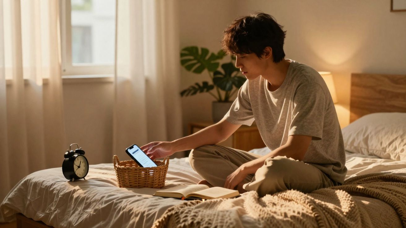 Jovem sentado na cama em quarto iluminado, segurando smartphone sobre cesta com despertador e livro ao lado.