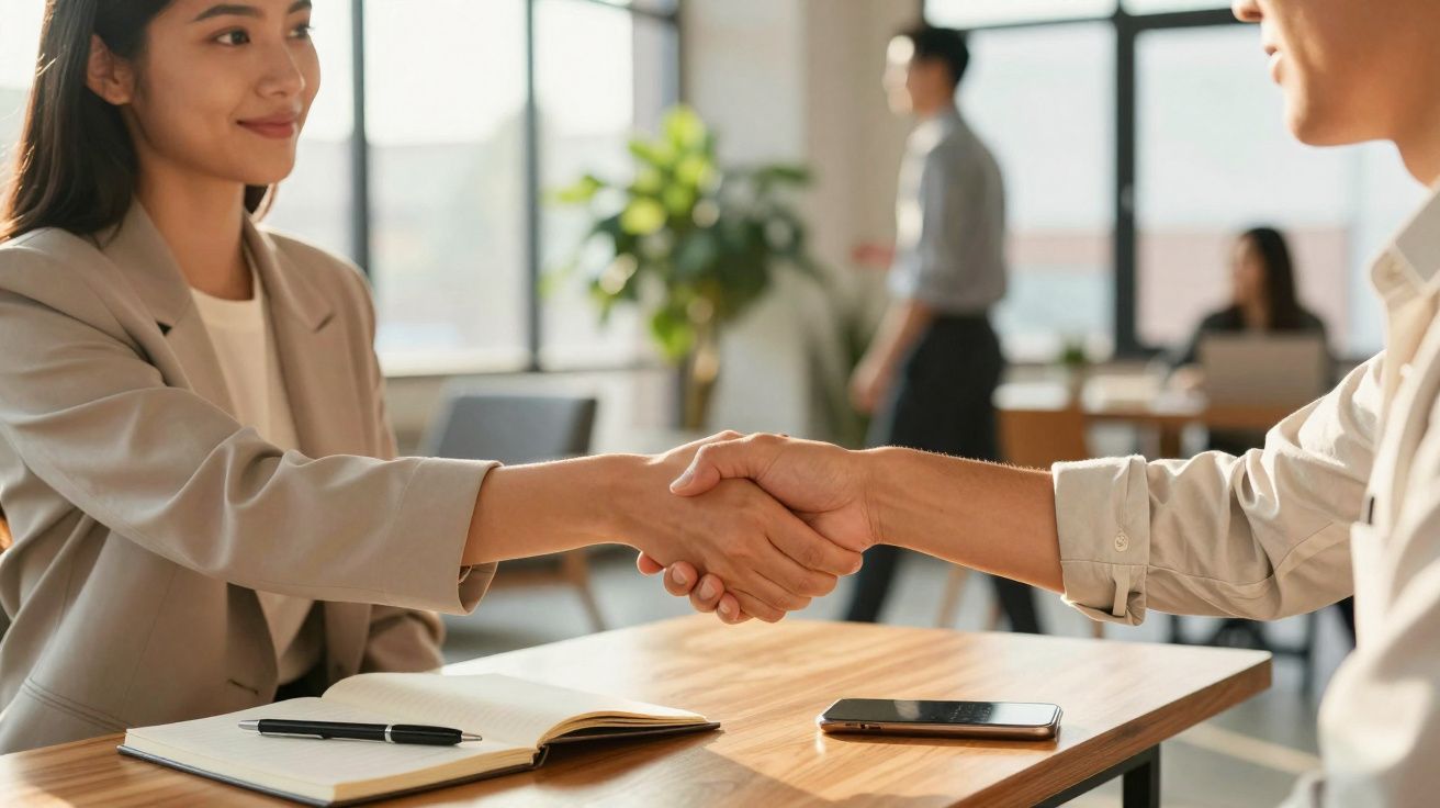 Duas pessoas apertando as mãos sobre uma mesa em ambiente de escritório moderno e iluminado.