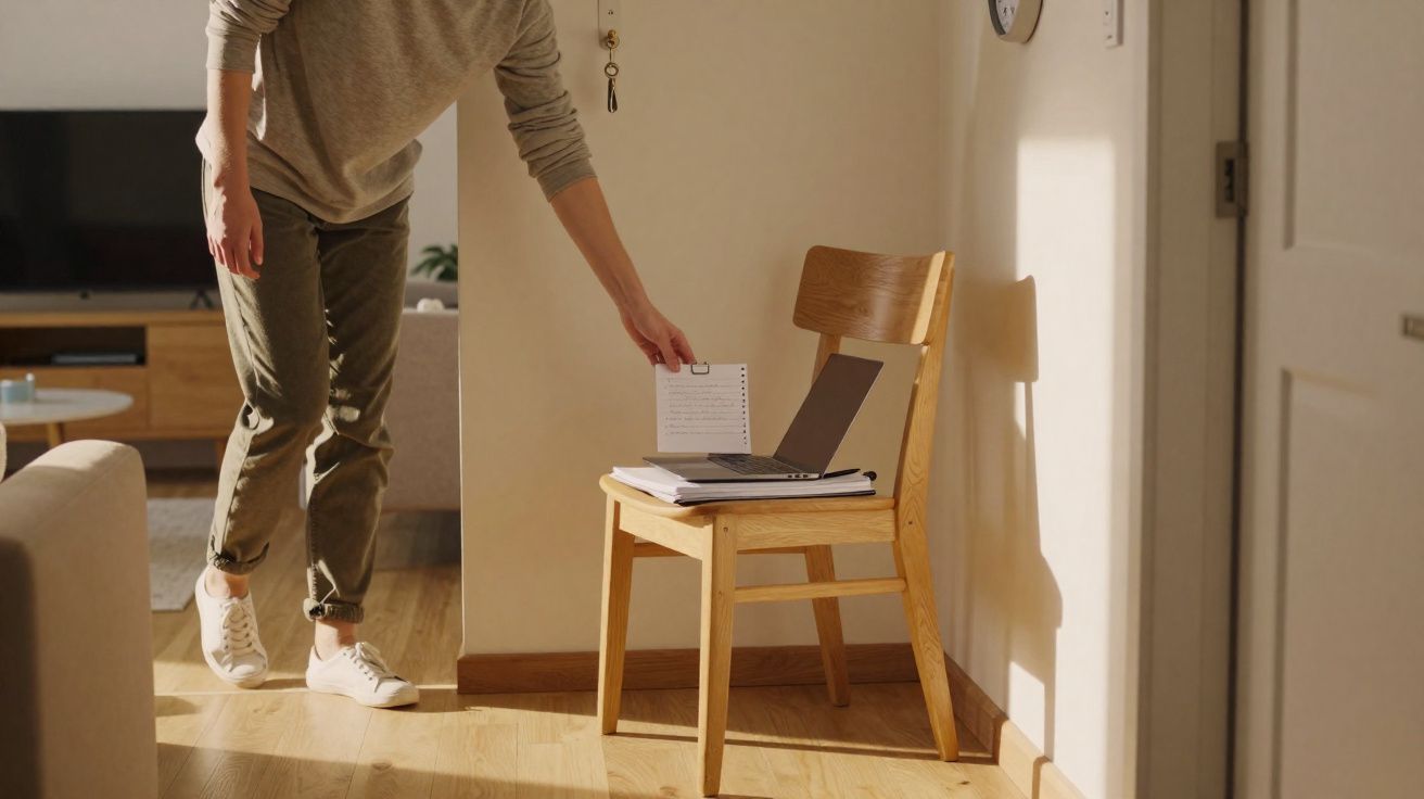 Pessoa colocando caderno sobre laptop e documentos em cadeira de madeira em sala com luz natural.