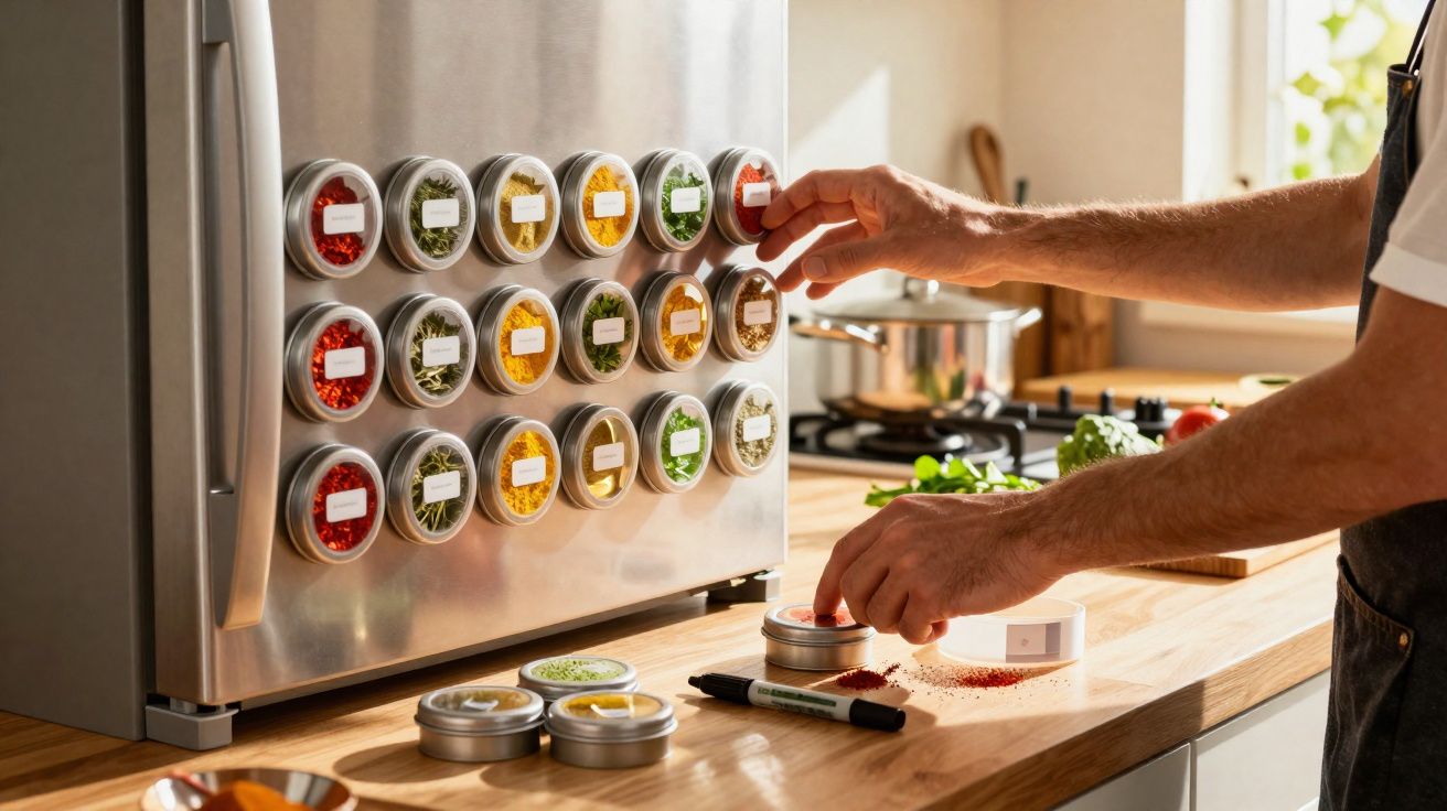 Mãos organizando temperos em potes magnéticos presos na lateral de uma geladeira na cozinha.