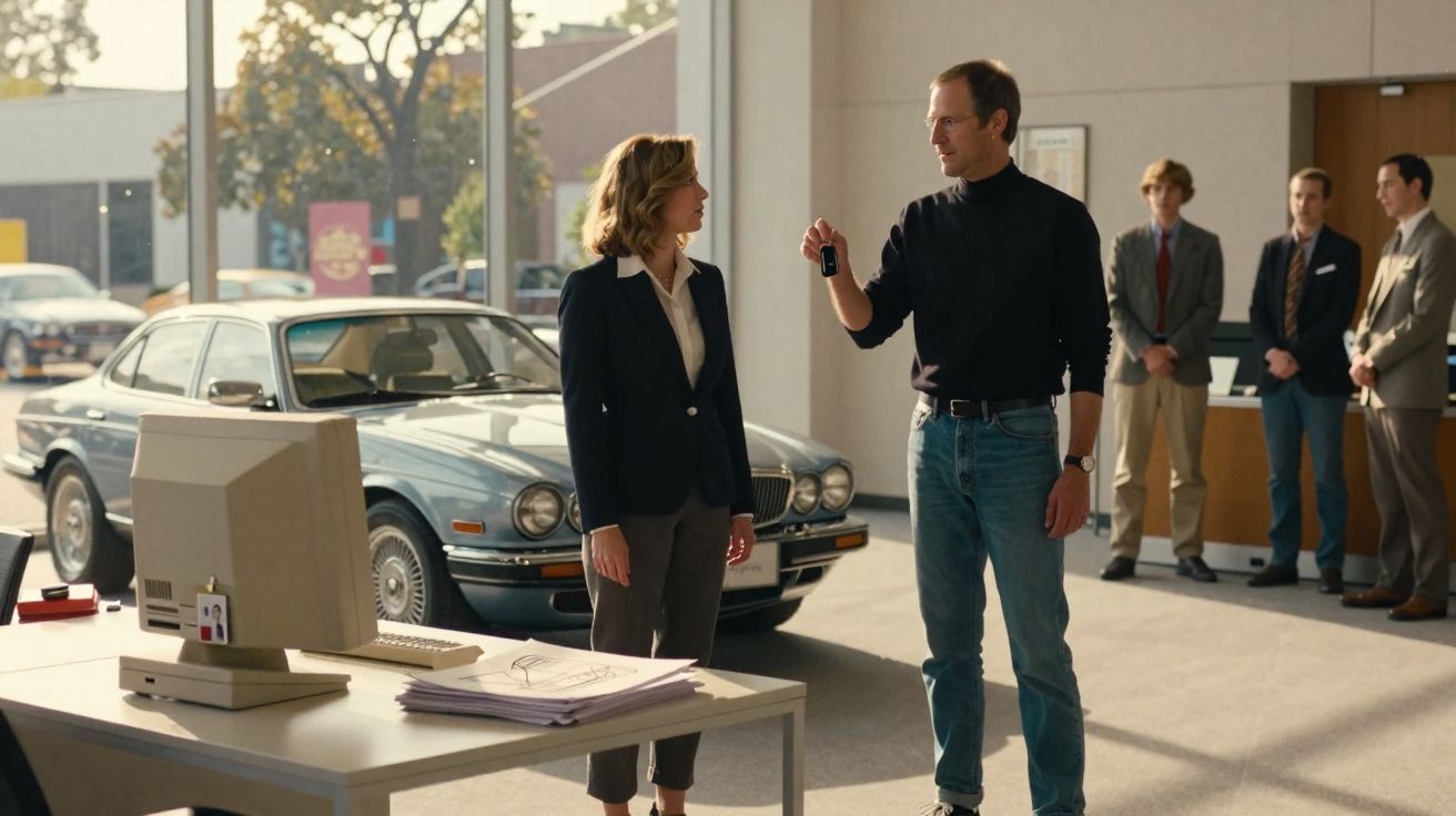 Homem entrega controle remoto para mulher em salão de carros com computador antigo em mesa.