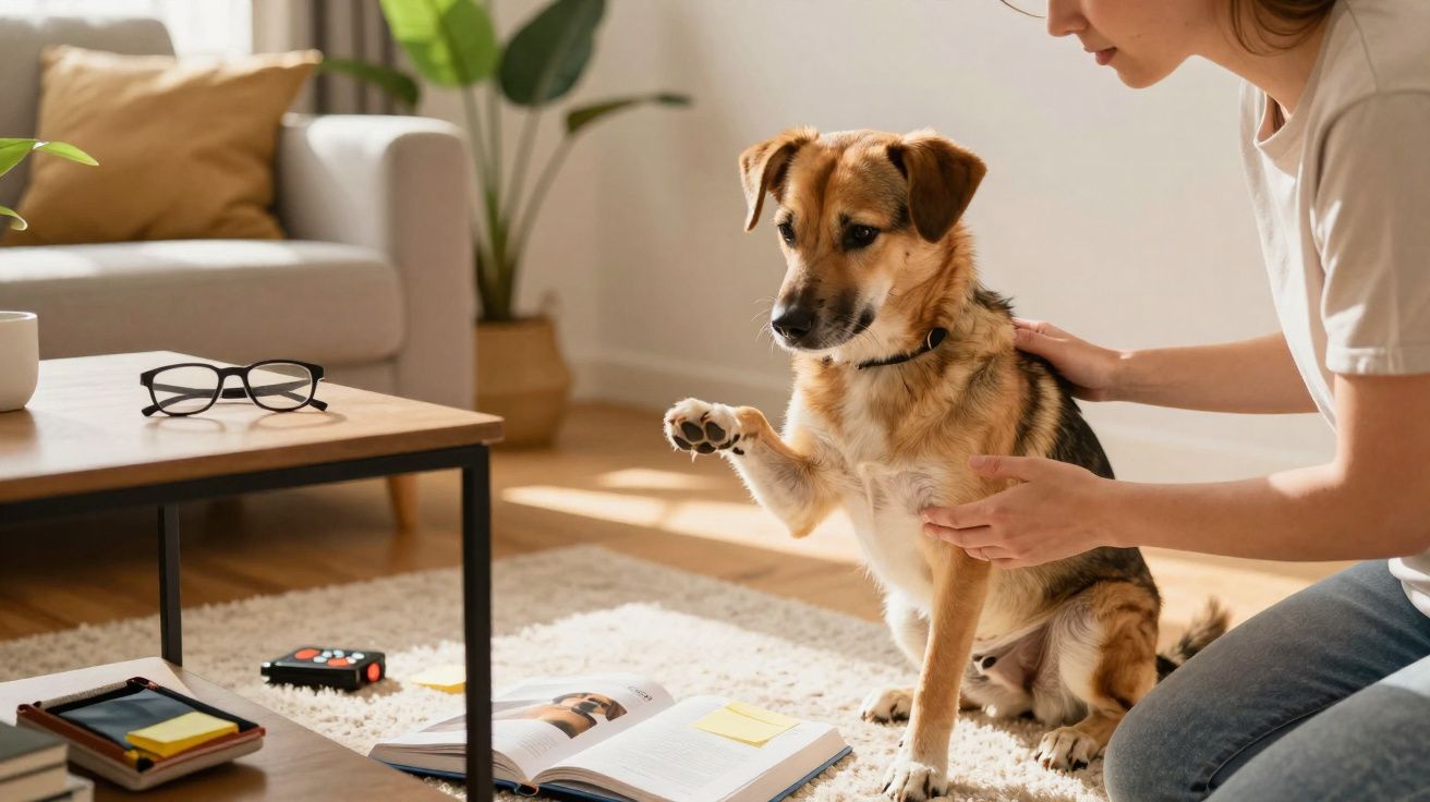 Mulher treinando cachorro para dar a pata em sala de estar iluminada e aconchegante.