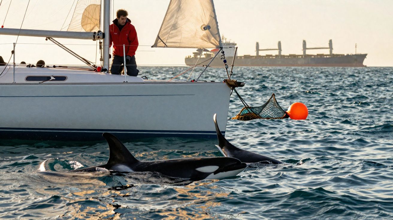 Orcas nadando perto de um veleiro branco com homem de jaqueta vermelha no mar aberto e navio ao fundo.