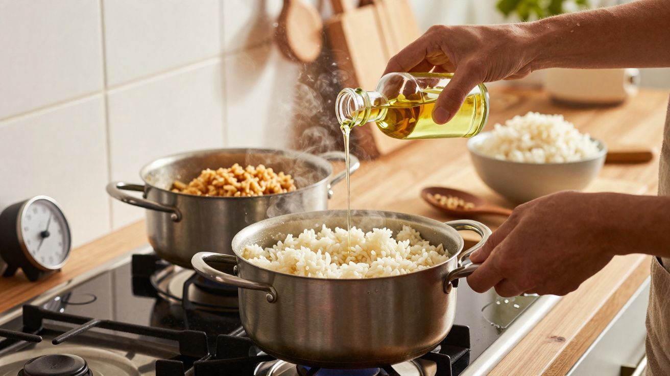 Pessoa adiciona óleo em panela com arroz branco cozinhando no fogão a gás na cozinha.