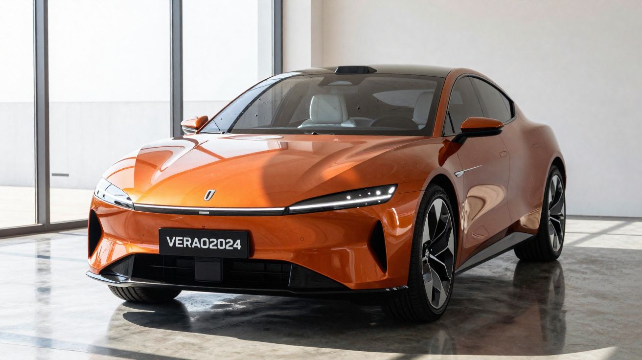 Carro esportivo elétrico laranja com design moderno em showroom iluminado por luz natural.