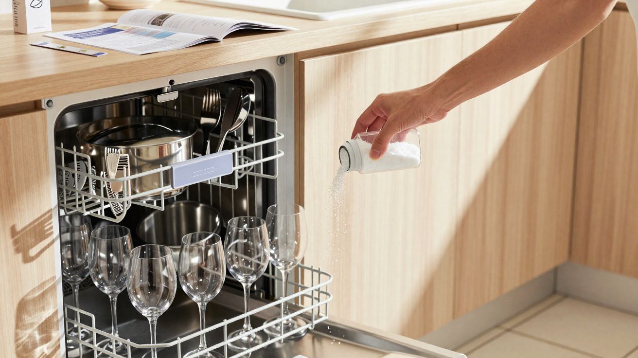 Pessoa adicionando sal em lava-louças cheio de copos de vidro e panelas na cozinha clara.