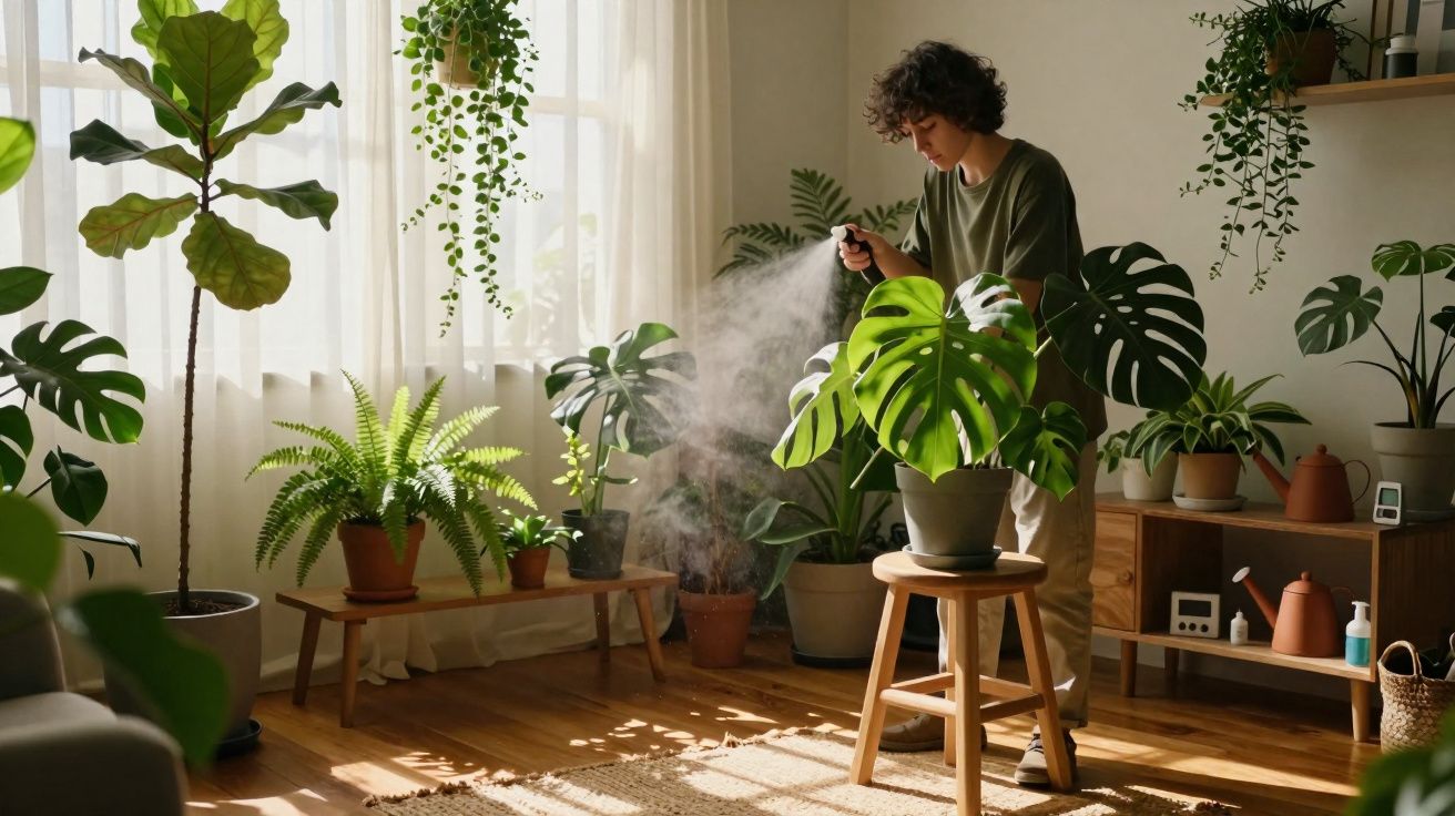Pessoa borrifando água em plantas domésticas em sala iluminada por luz natural.