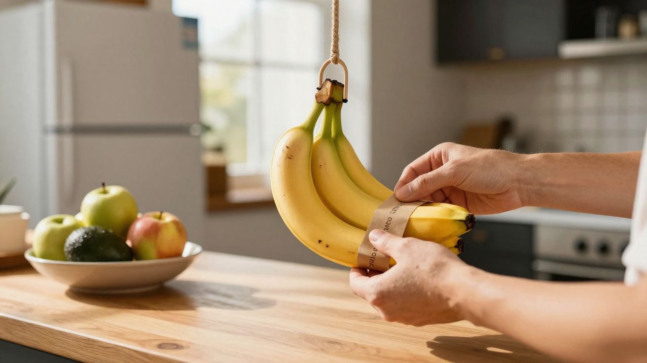 Pessoa segurando cacho de bananas pendurado por corda em cozinha com frutas na mesa ao fundo.