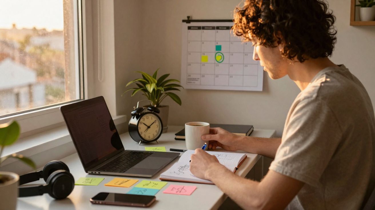Pessoa escrevendo em caderno em mesa com laptop, celular, planta, relógio e calendário na parede.