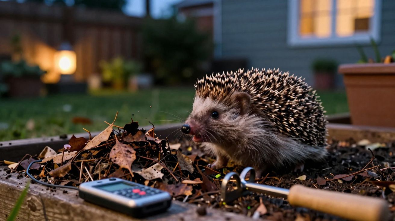 Ouriço caminhando sobre folhas secas em jardim iluminado à noite com objetos de jardinagem próximos.