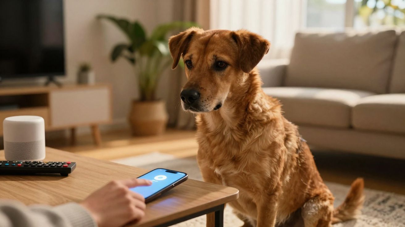 Cachorro marrom sentado no tapete olhando para um celular sobre a mesa de centro em sala de estar.