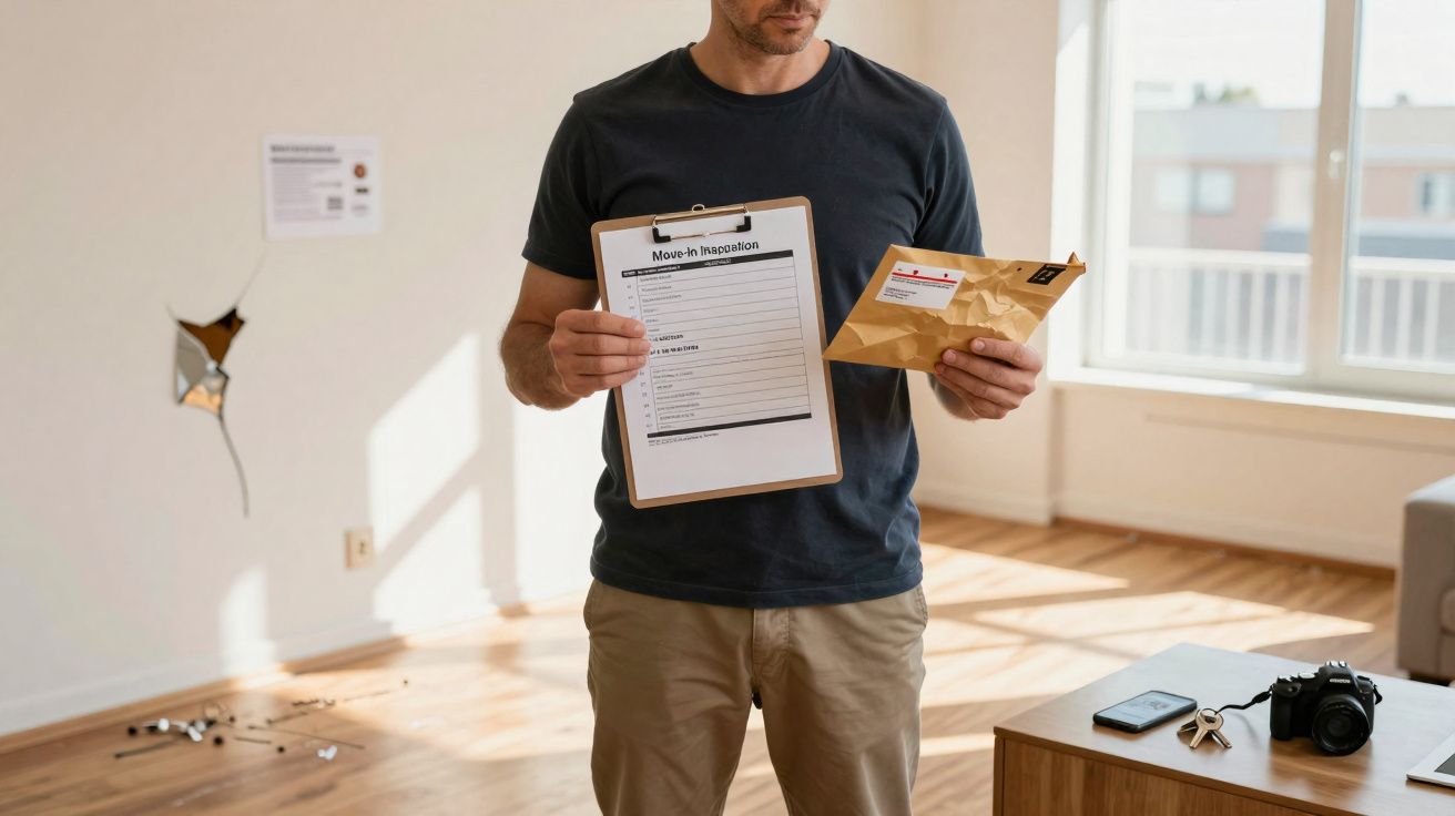 Homem segurando checklist e envelope em apartamento com parede danificada e piso de madeira.