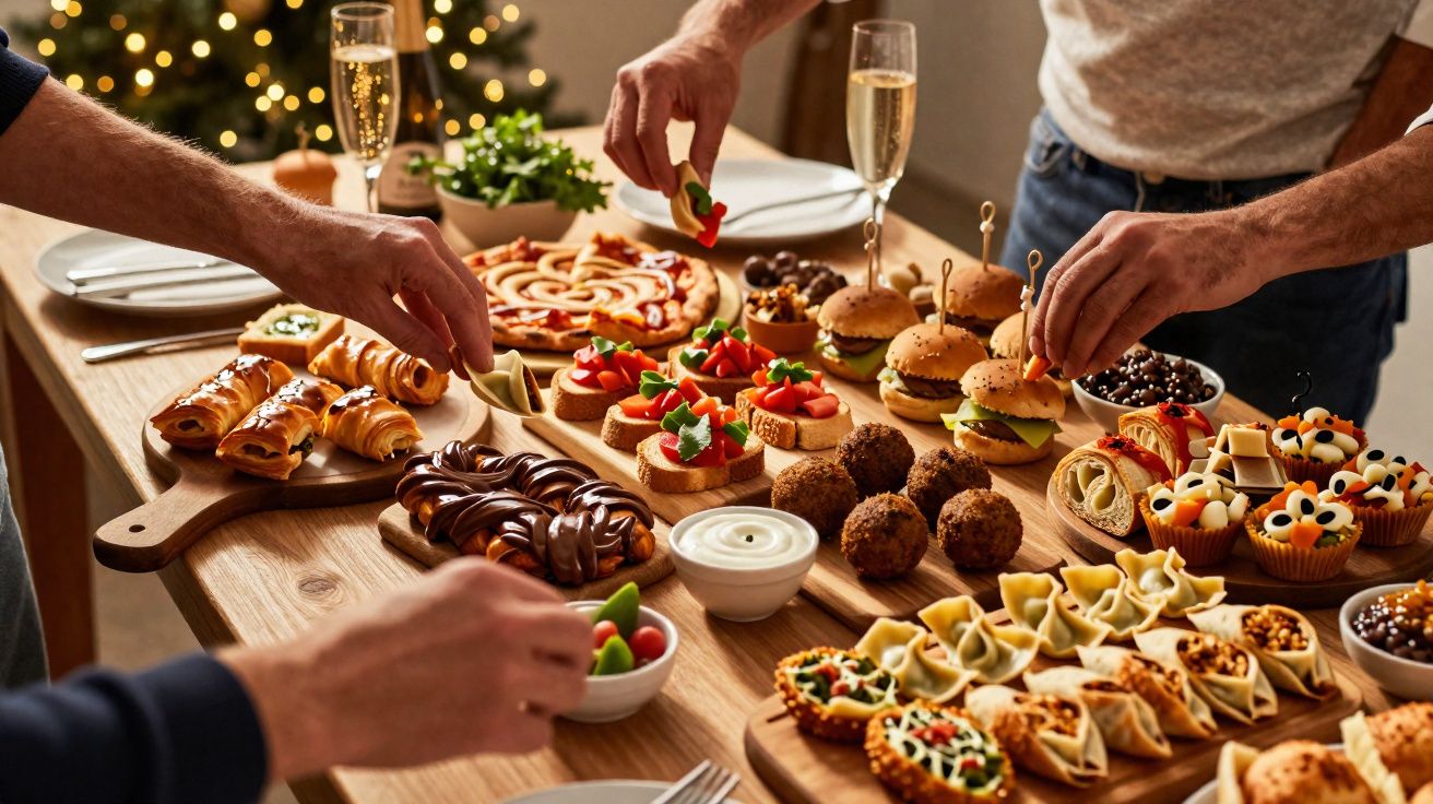 Mesa com diversas opções de petiscos salgados e doces, pessoas servindo-se em ambiente festivo.