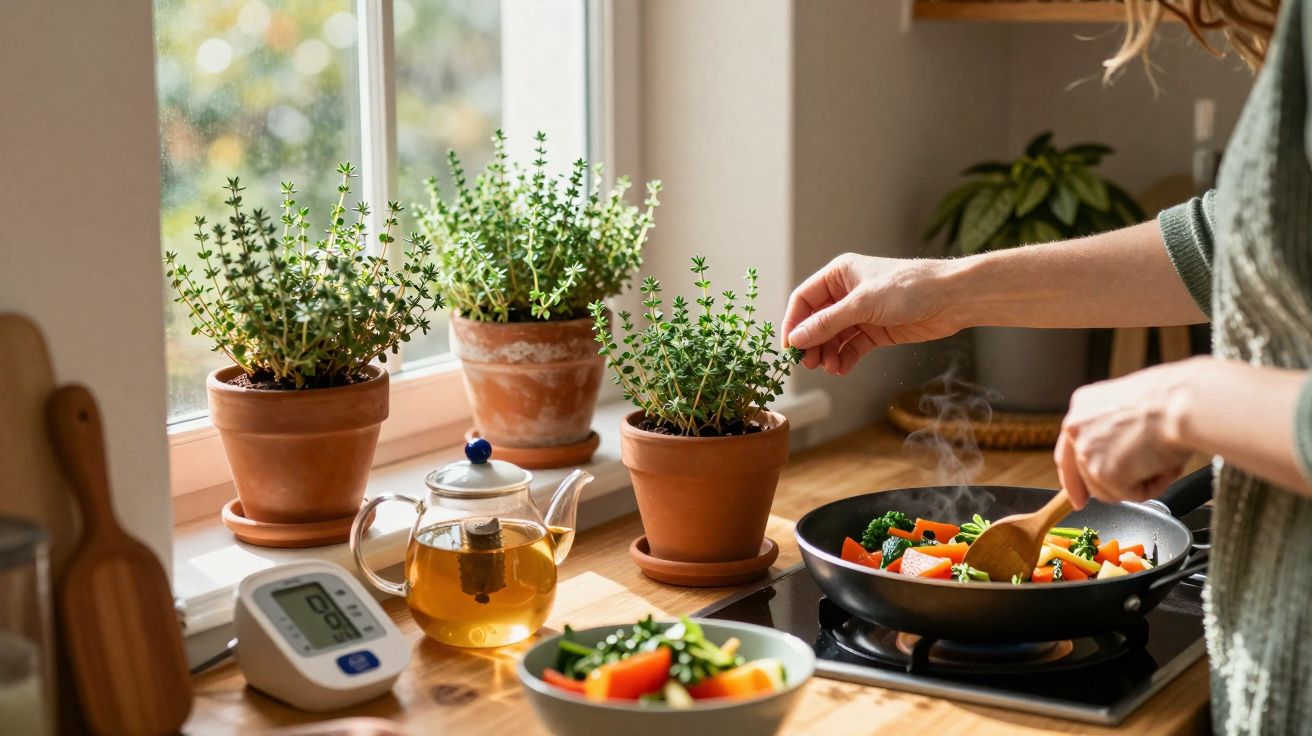 Pessoa temperando legumes na frigideira em cozinha com janelas e plantas em vasos de barro na bancada.