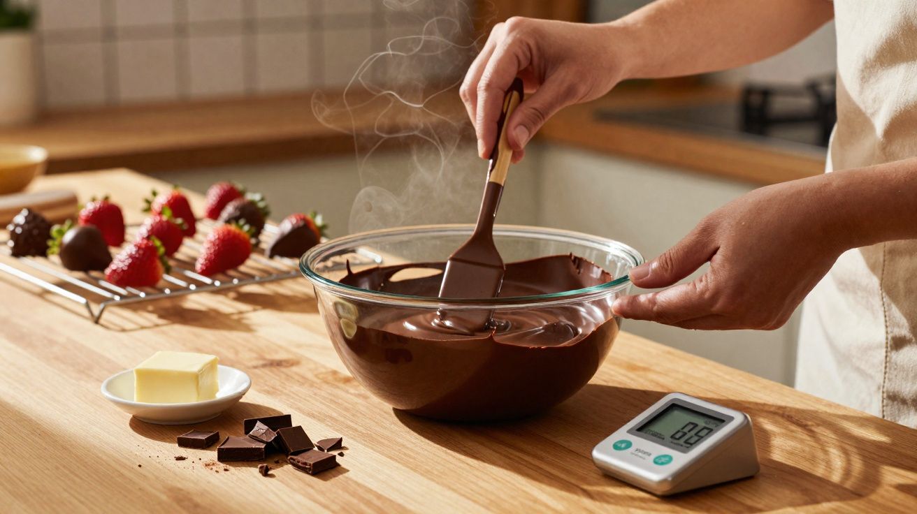 Pessoa mexendo chocolate derretido em tigela de vidro na cozinha, com morangos em suporte ao fundo.