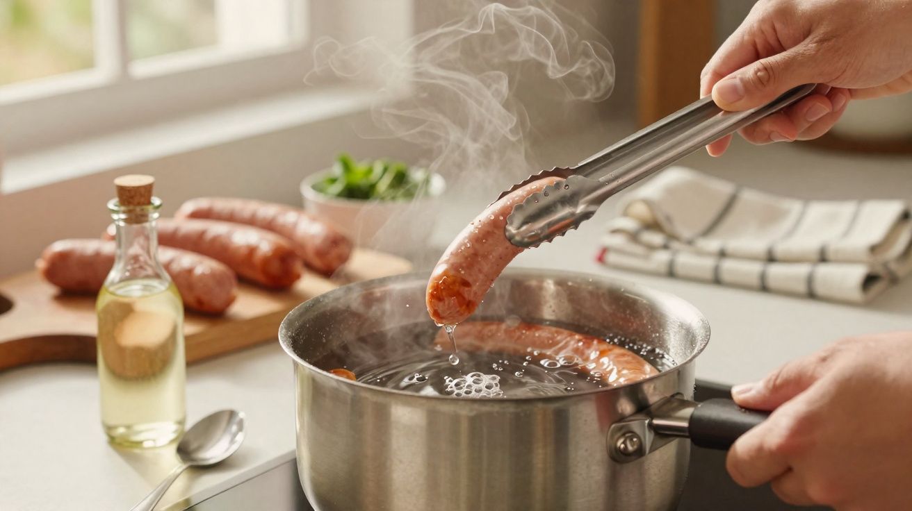 Mãos segurando salsicha com pegador sendo cozida em panela com água fervente na cozinha.