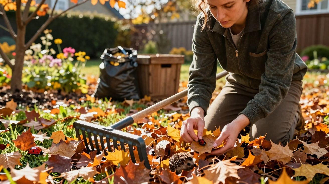 Pessoa agachada no jardim, observando uma joaninha entre folhas secas de outono.