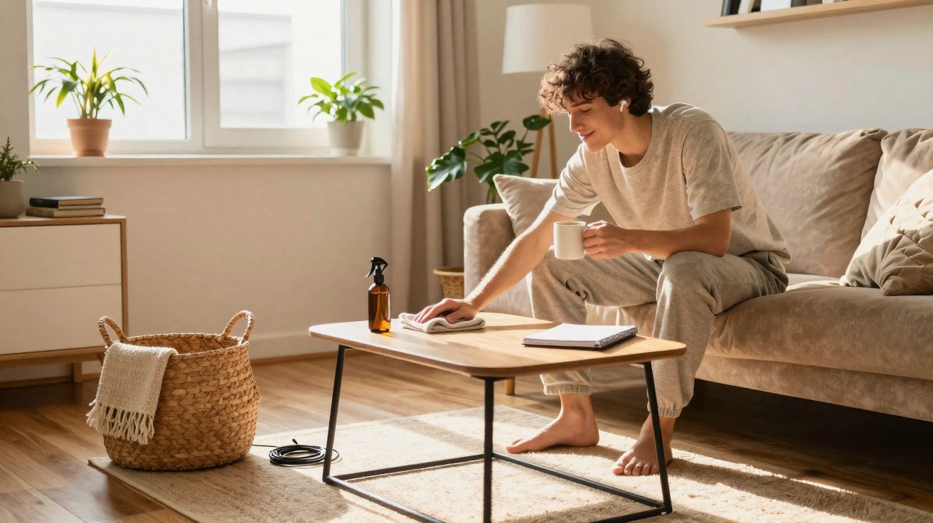 Homem sentado no sofá limpando mesa de centro com pano e segurando caneca em sala iluminada.