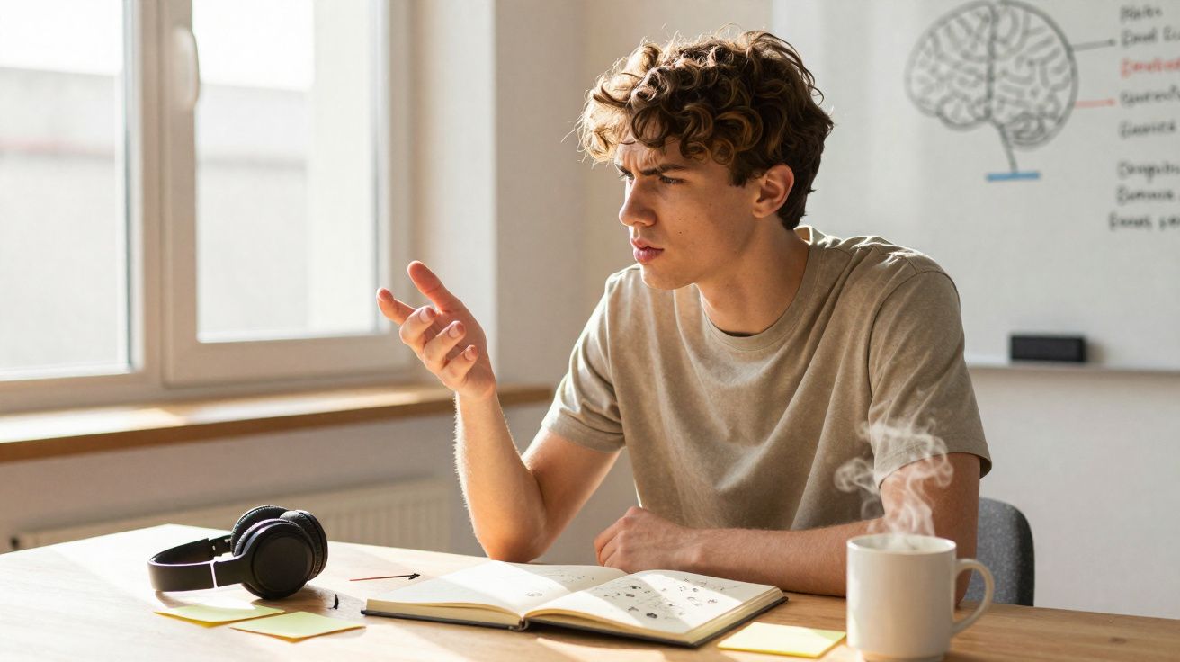 Jovem sentado à mesa estudando com livro aberto, xícara quente e fones de ouvido ao lado.