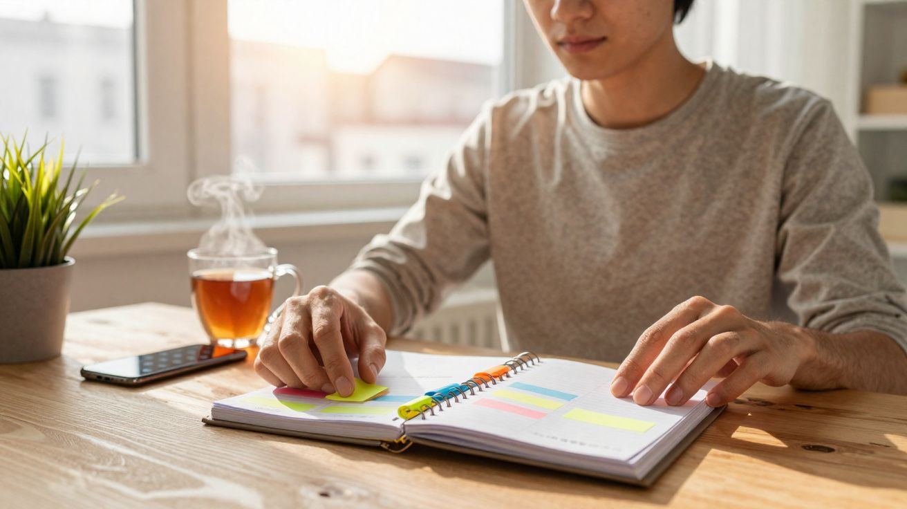 Pessoa organizando anotações coloridas em agenda na mesa com xícara de chá e celular ao lado.