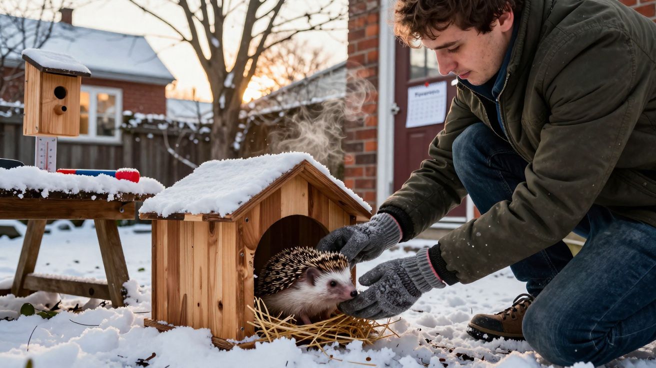 Homem agachado com luvas toca ouriço que sai de casinha de madeira coberta de neve no quintal.