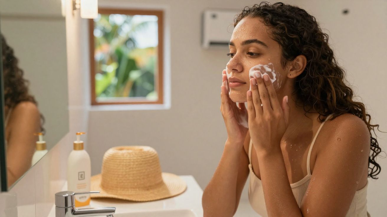 Mulher aplicando espuma de limpeza no rosto em banheiro com espelho e chapéu de palha na bancada.