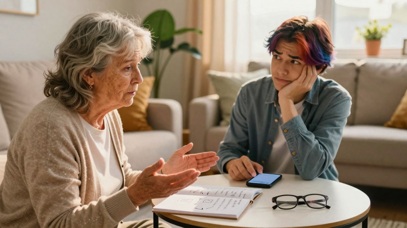 Idosa falando com jovem preocupado enquanto sentam em sala com mesa e óculos.