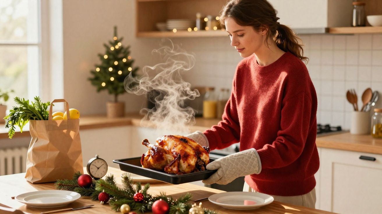 Mulher com suéter vermelho tirando frango assado quente do forno em cozinha decorada para Natal.