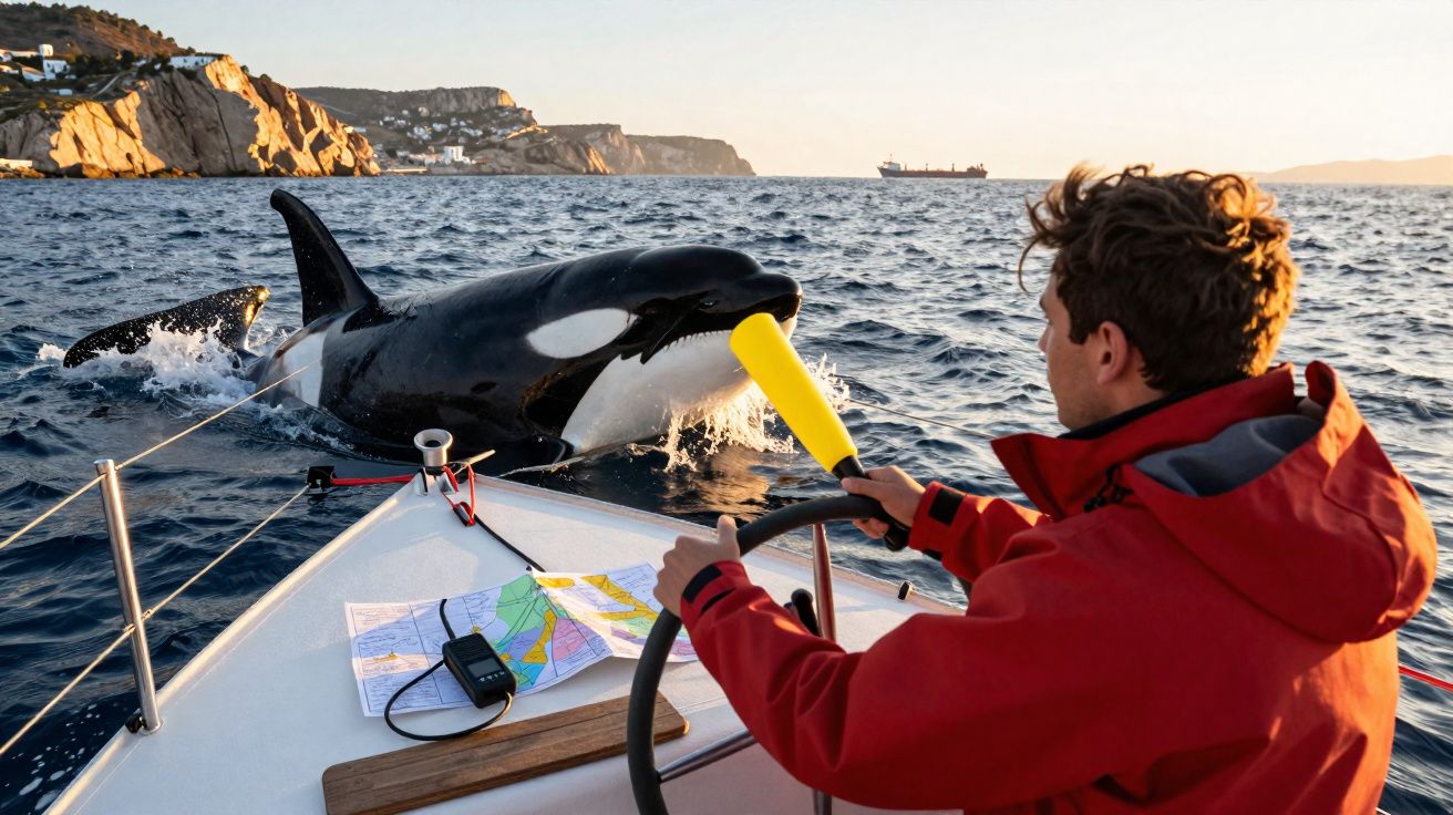 Homem em barco vermelho interage com orca que surge ao lado na água perto de penhascos ao entardecer.