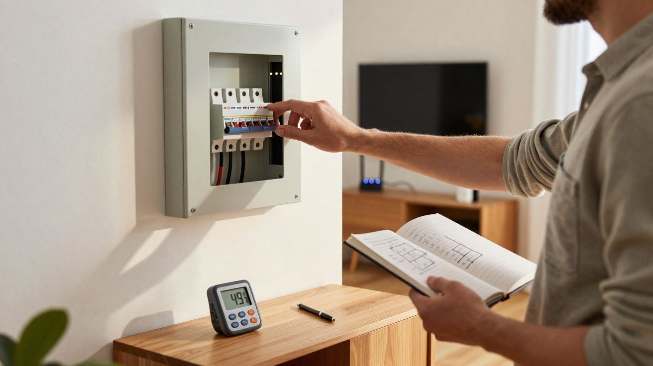 Pessoa ajustando disjuntor em quadro elétrico residencial com anotações em caderno na mão.