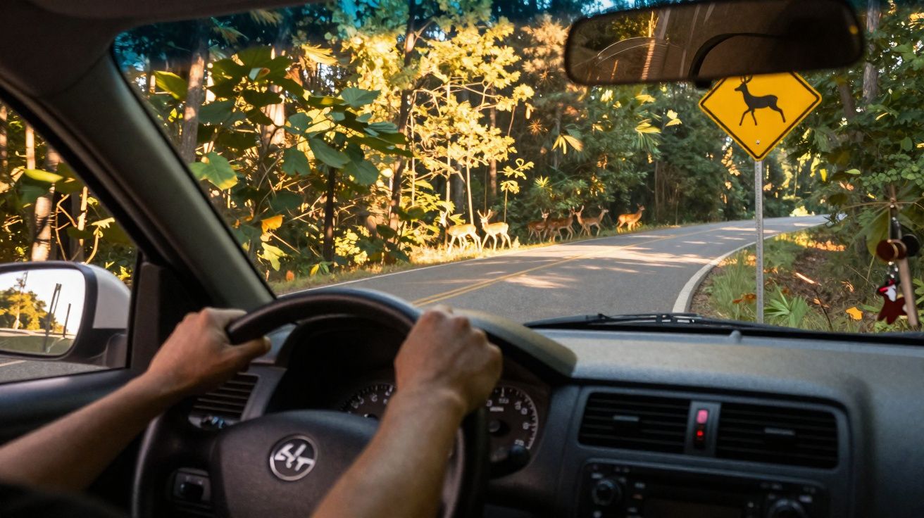 Motorista observa grupo de cervos atravessando estrada em área com placas de atenção à presença de animais.