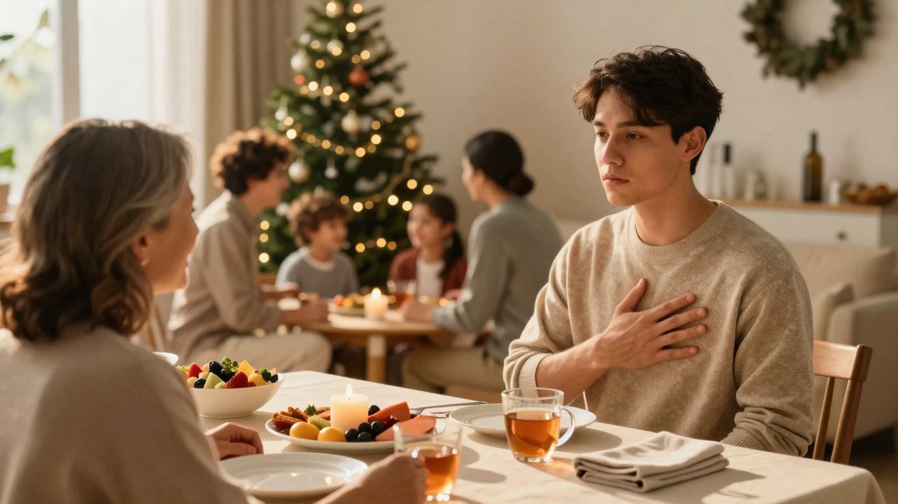 Jovem sentado à mesa de Natal com mão no peito, enquanto outras pessoas conversam ao fundo.