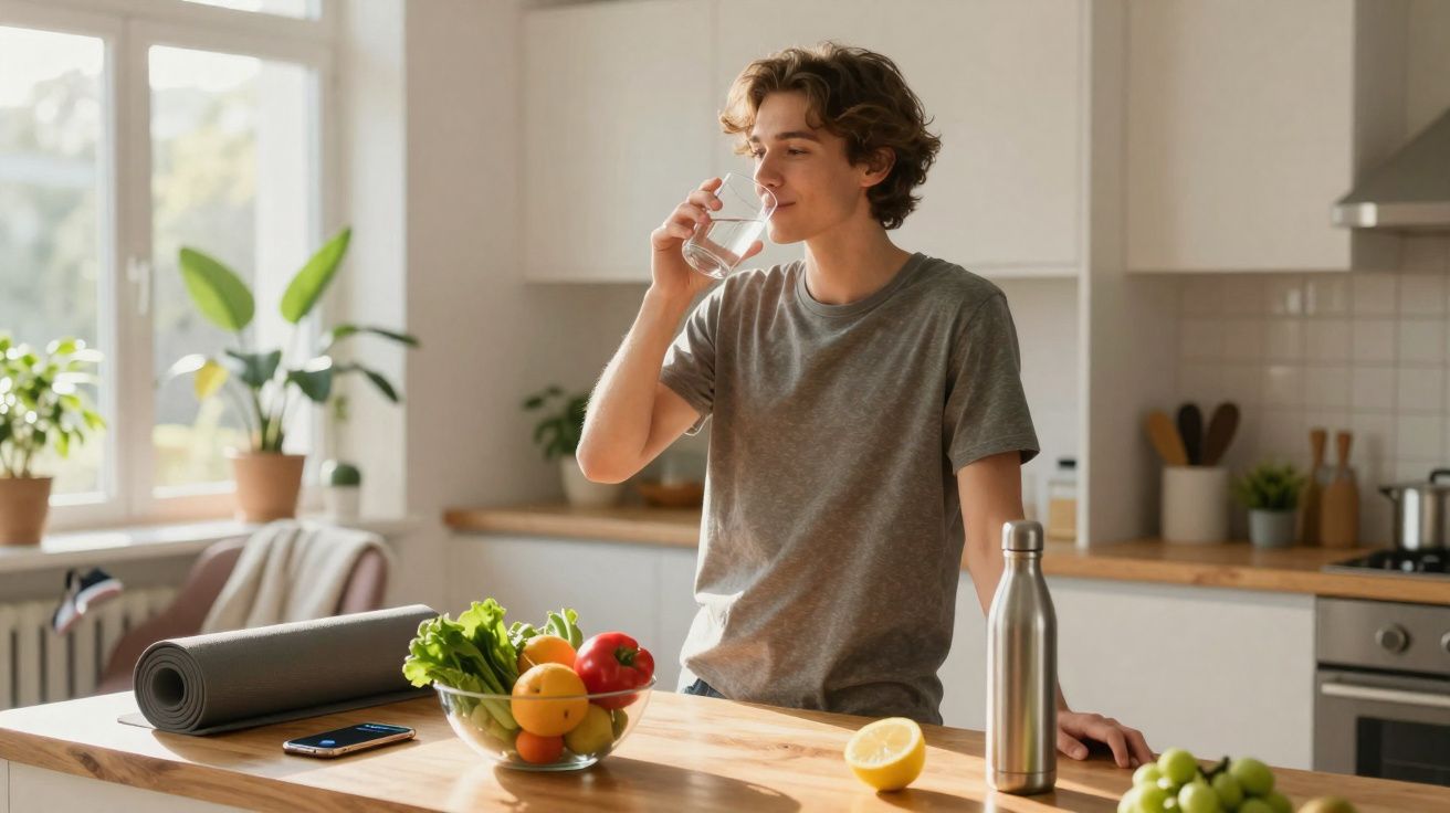 Jovem bebendo água na cozinha com mesa equipada com frutas, garrafa térmica e tapete de yoga.