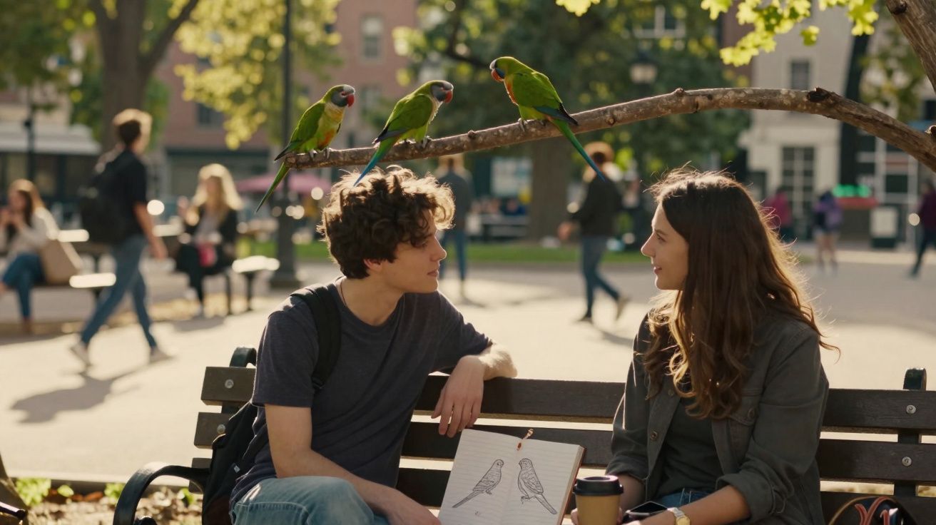 Jovem conversa com garota no banco de parque enquanto três papagaios verdes estão em galho acima.