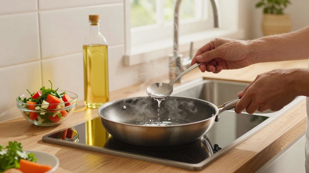 Mãos adicionando líquido com colher em frigideira quente sobre fogão elétrico, com salada e garrafa de azeite ao fundo.