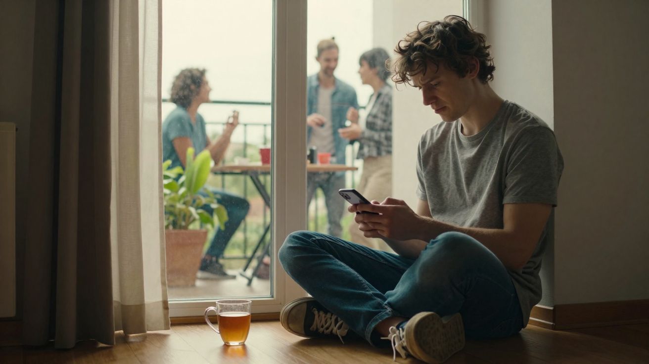 Jovem sentado no chão usando celular enquanto três pessoas conversam na varanda ao fundo.