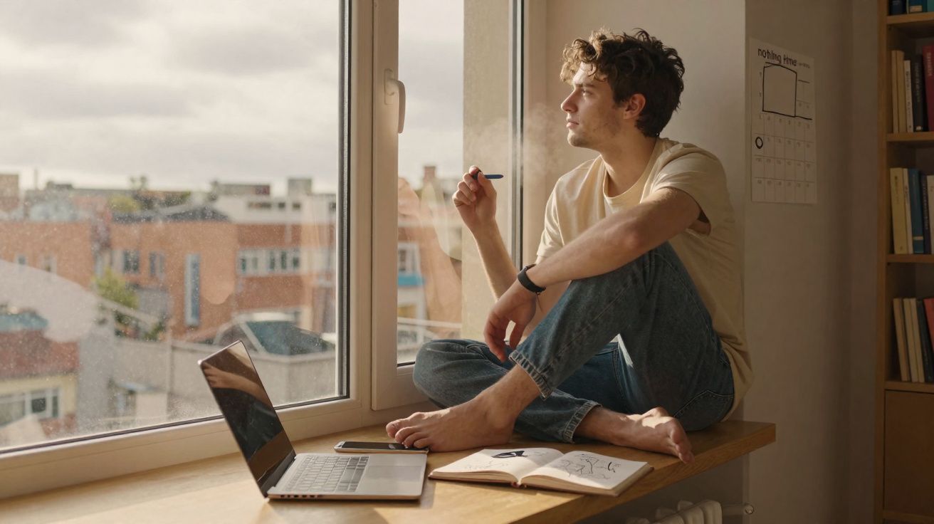 Homem sentado no parapeito de janela olhando para fora, com laptop, caderno e caneta.