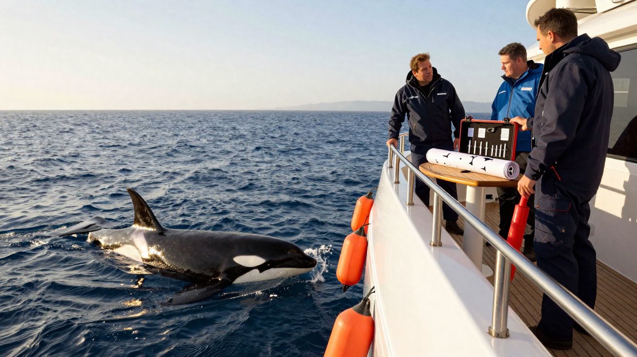 Orca nadando próxima a barco com três homens observando e conversando no convés em mar aberto.