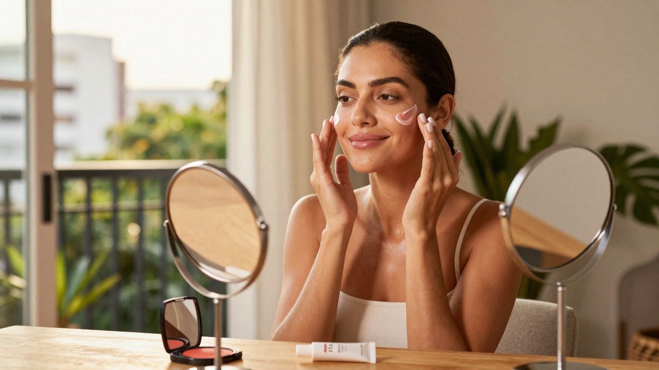 Mulher aplicando creme facial no rosto sentada à mesa com espelhos e produtos de beleza na luz natural.