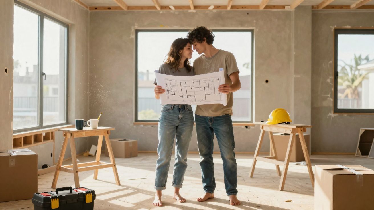 Casal jovem segurando planta de construção em ambiente interno em obra, cercado por caixas e ferramentas.